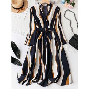 SHEIN VCAY Abstract Geometric Print Tie Front Midi Dress Navy Gold Mustard